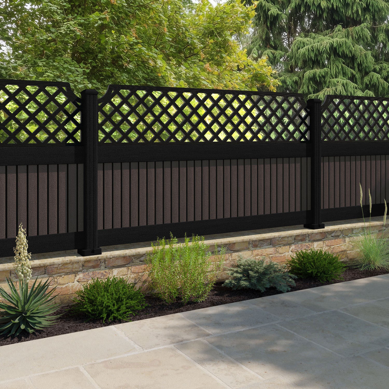 Virtis Regal Hive Fence Panel - Mid Brown - with our aluminium posts