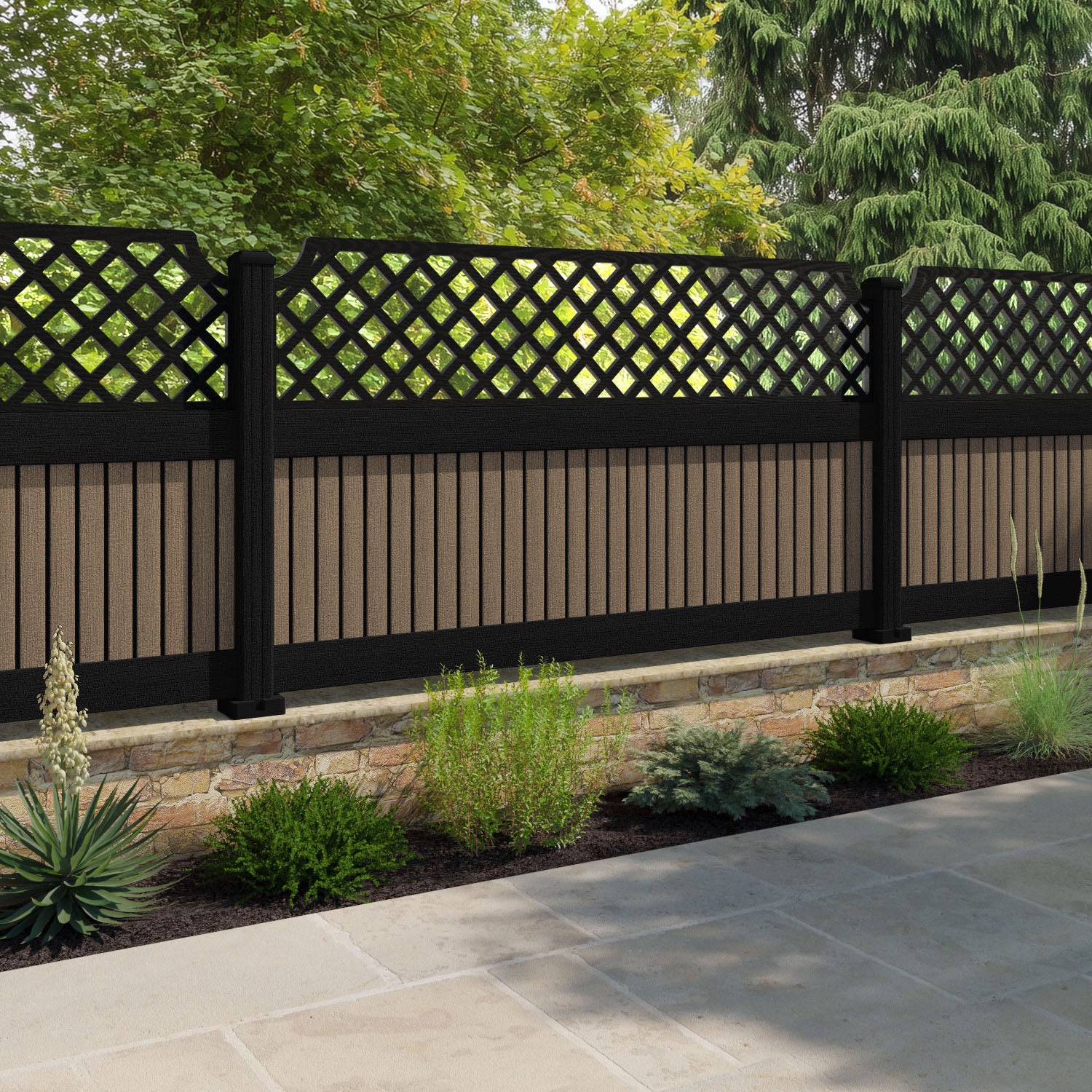 Virtis Regal Hive Fence Panel - Teak - with our aluminium posts