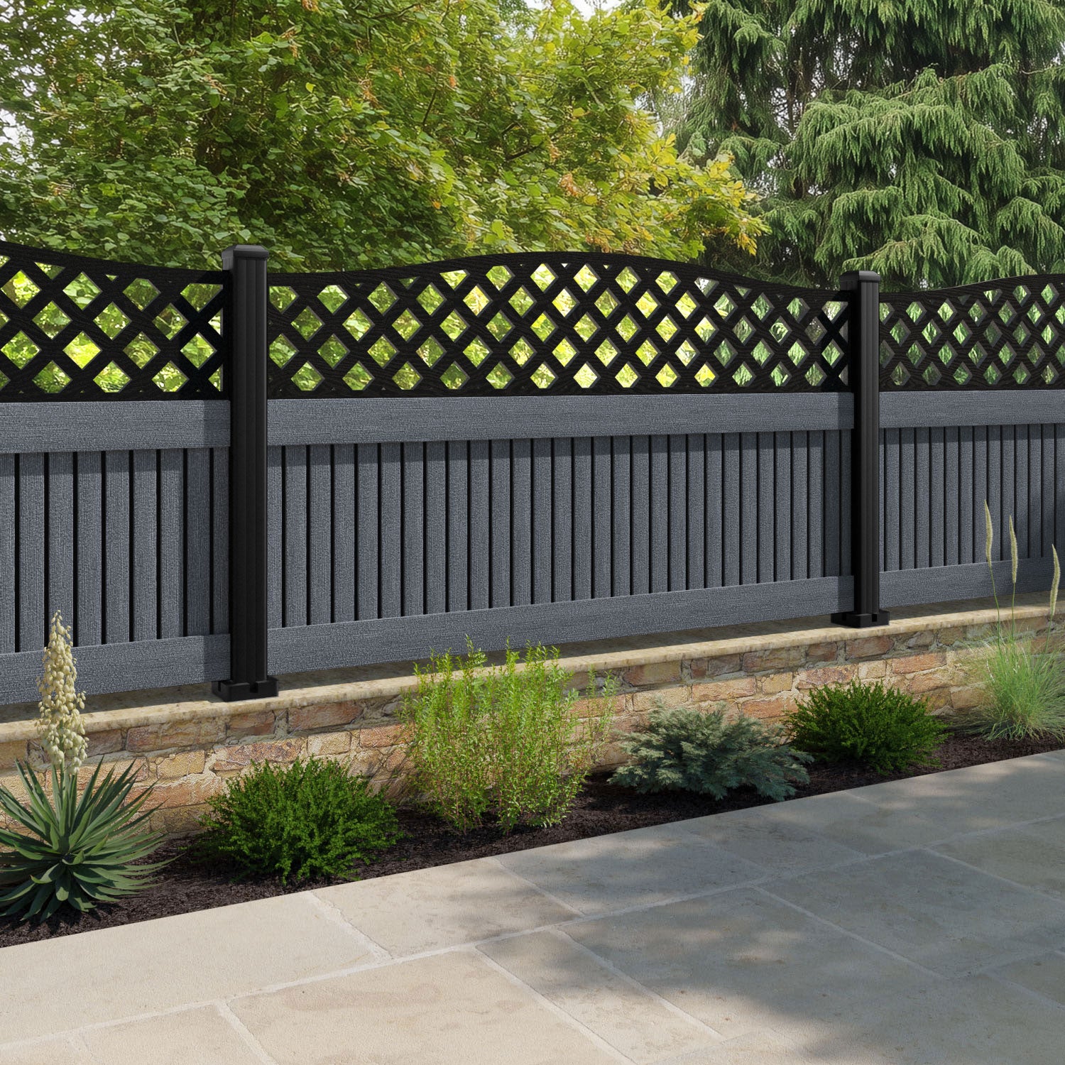 Virtis High Wave Fence Panel - Anthracite - with our aluminium posts