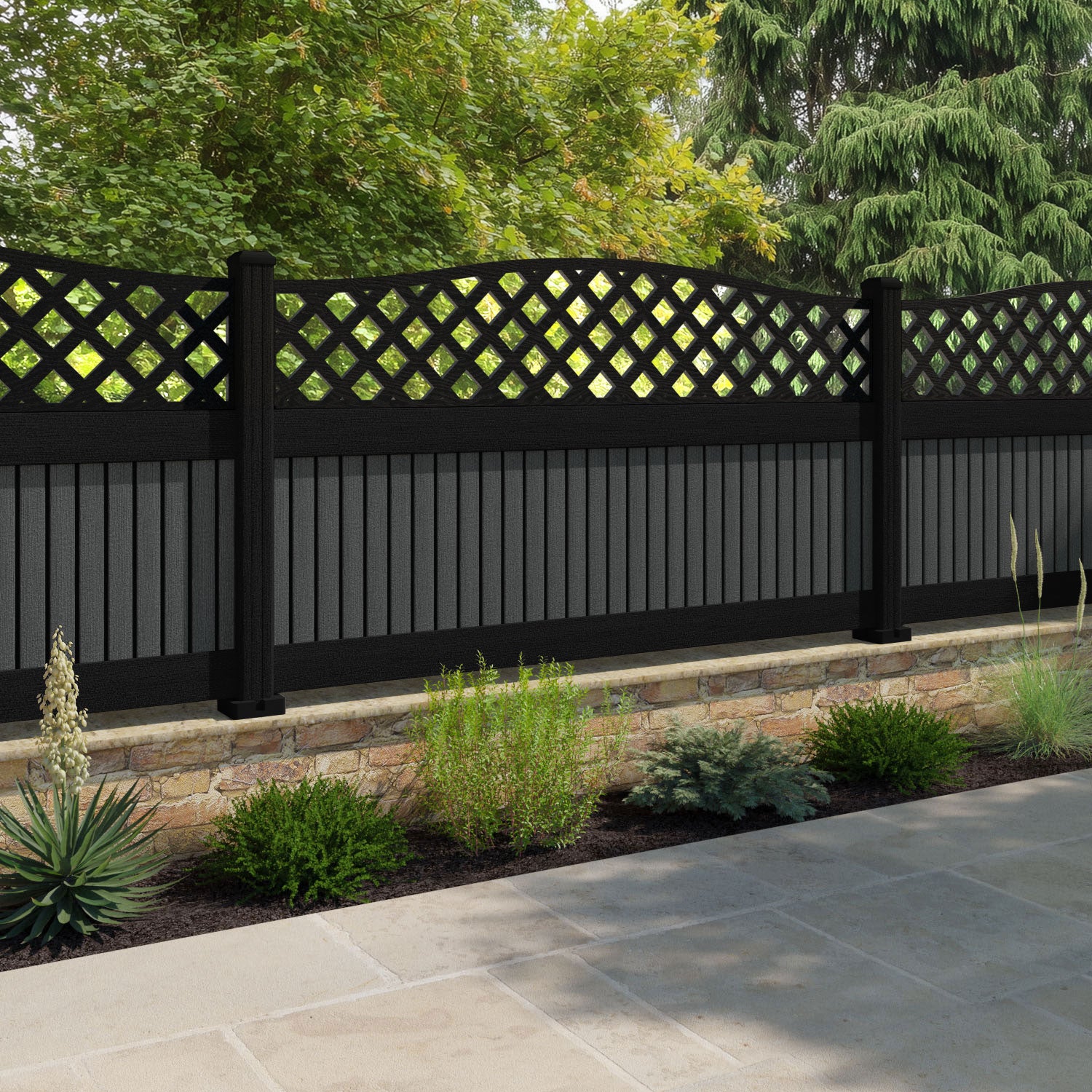Virtis High Wave Fence Panel - Dark Grey - with our aluminium posts