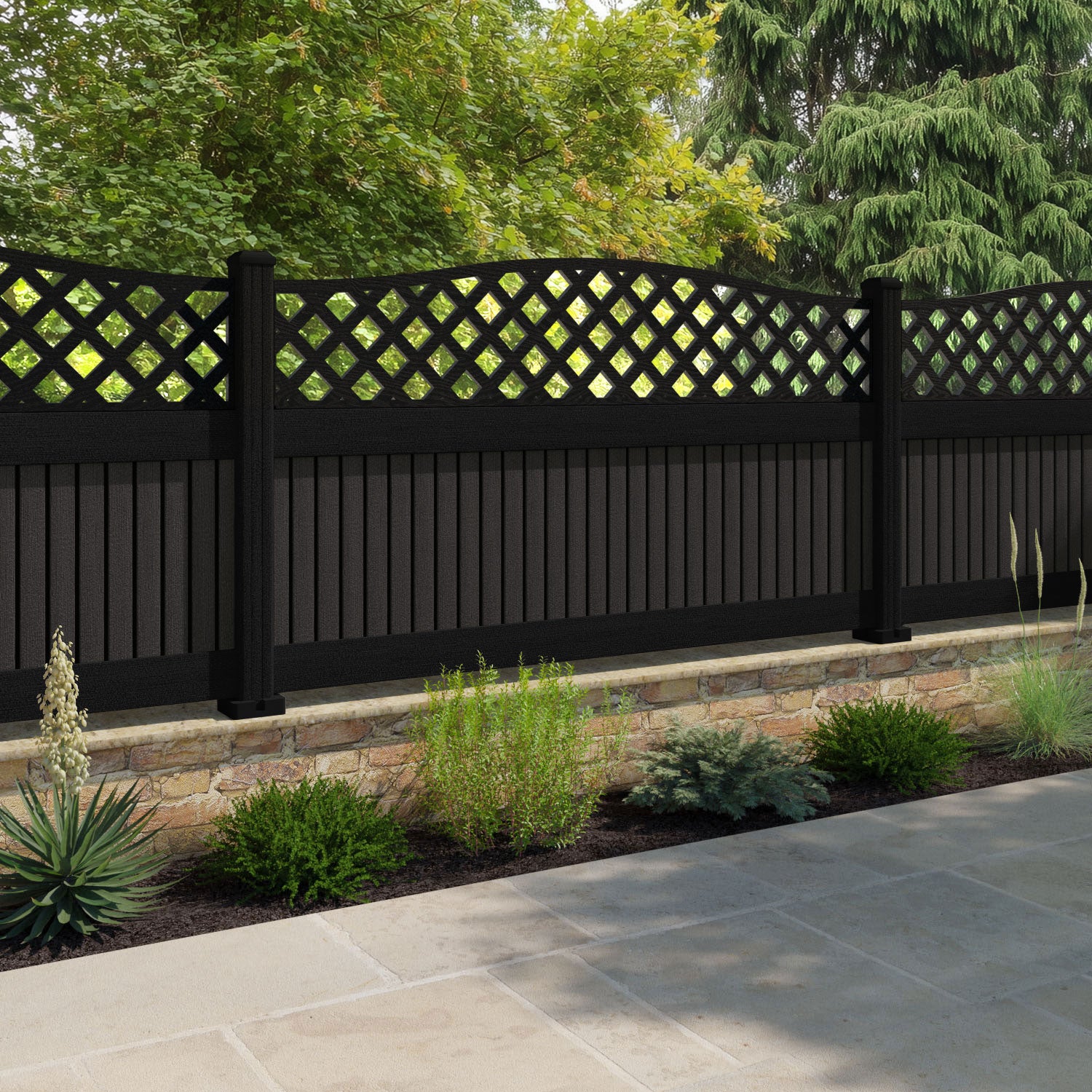 Virtis High Wave Fence Panel - Dark Oak - with our composite posts