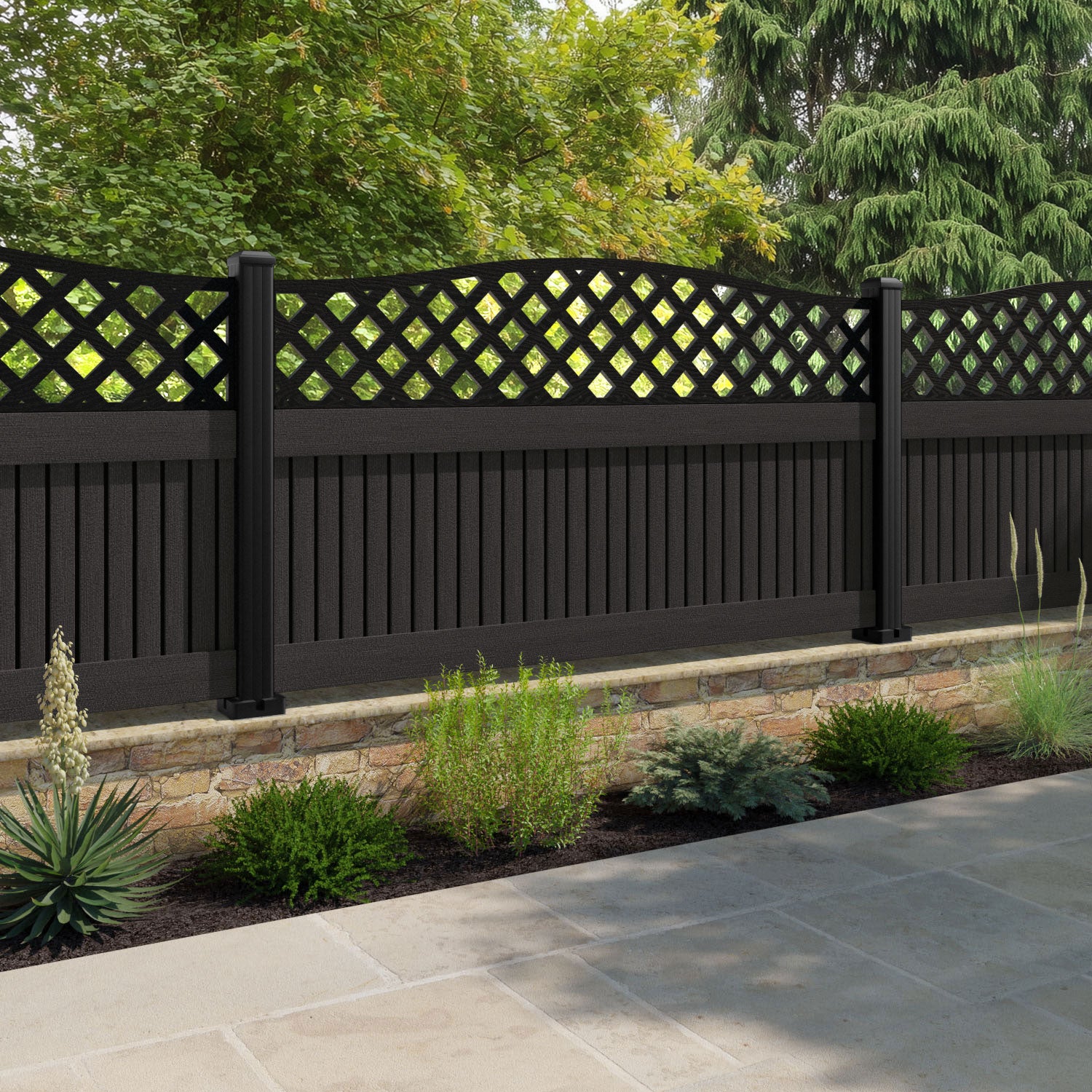 Virtis High Wave Fence Panel - Dark Oak - with our composite posts