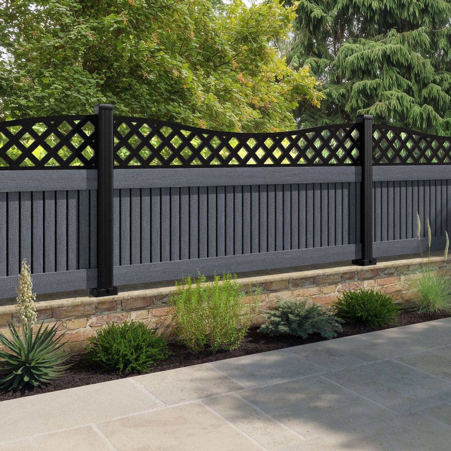 Virtis Low Wave Fence Panel - Anthracite - with our aluminium posts
