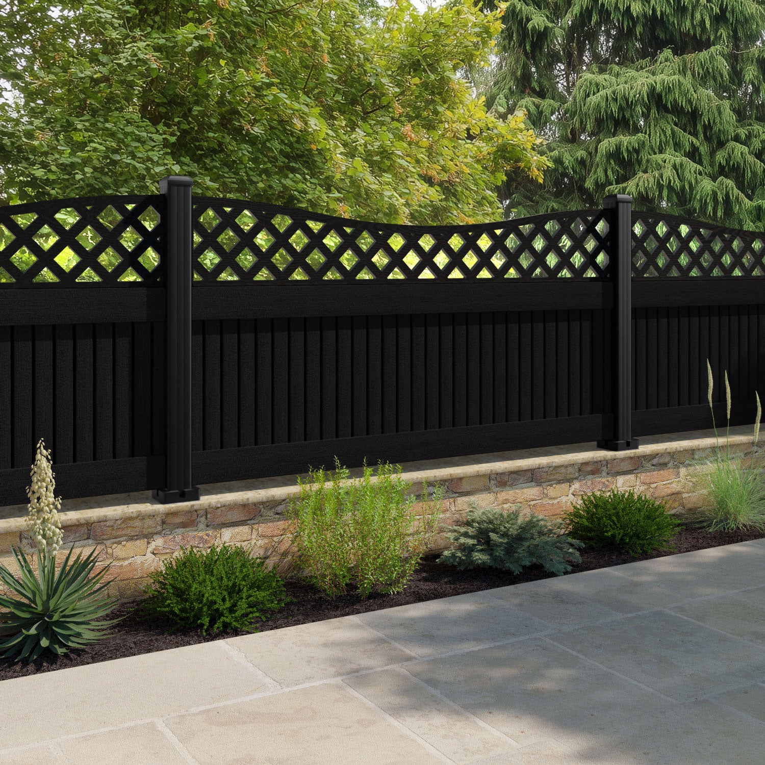 Virtis Low Wave Fence Panel - Black - with our aluminium posts
