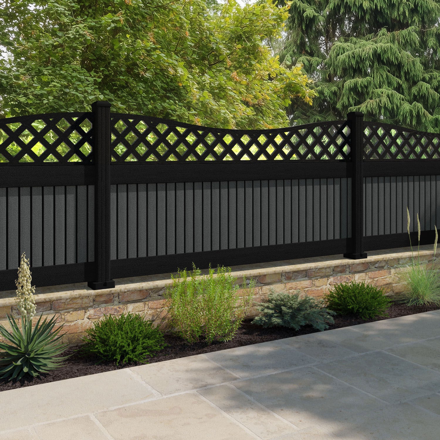 Virtis Low Wave Fence Panel - Dark Grey - with our composite posts