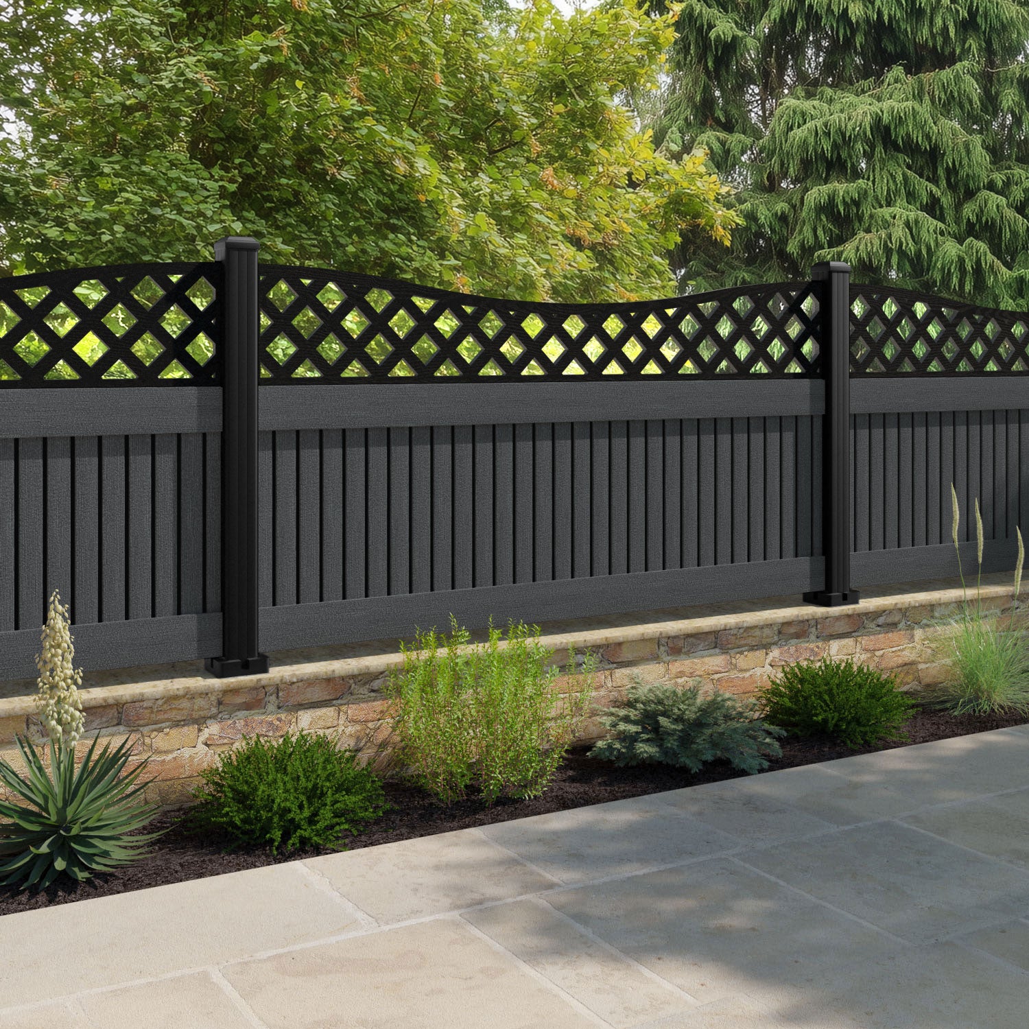 Virtis Low Wave Fence Panel - Dark Grey - with our aluminium posts