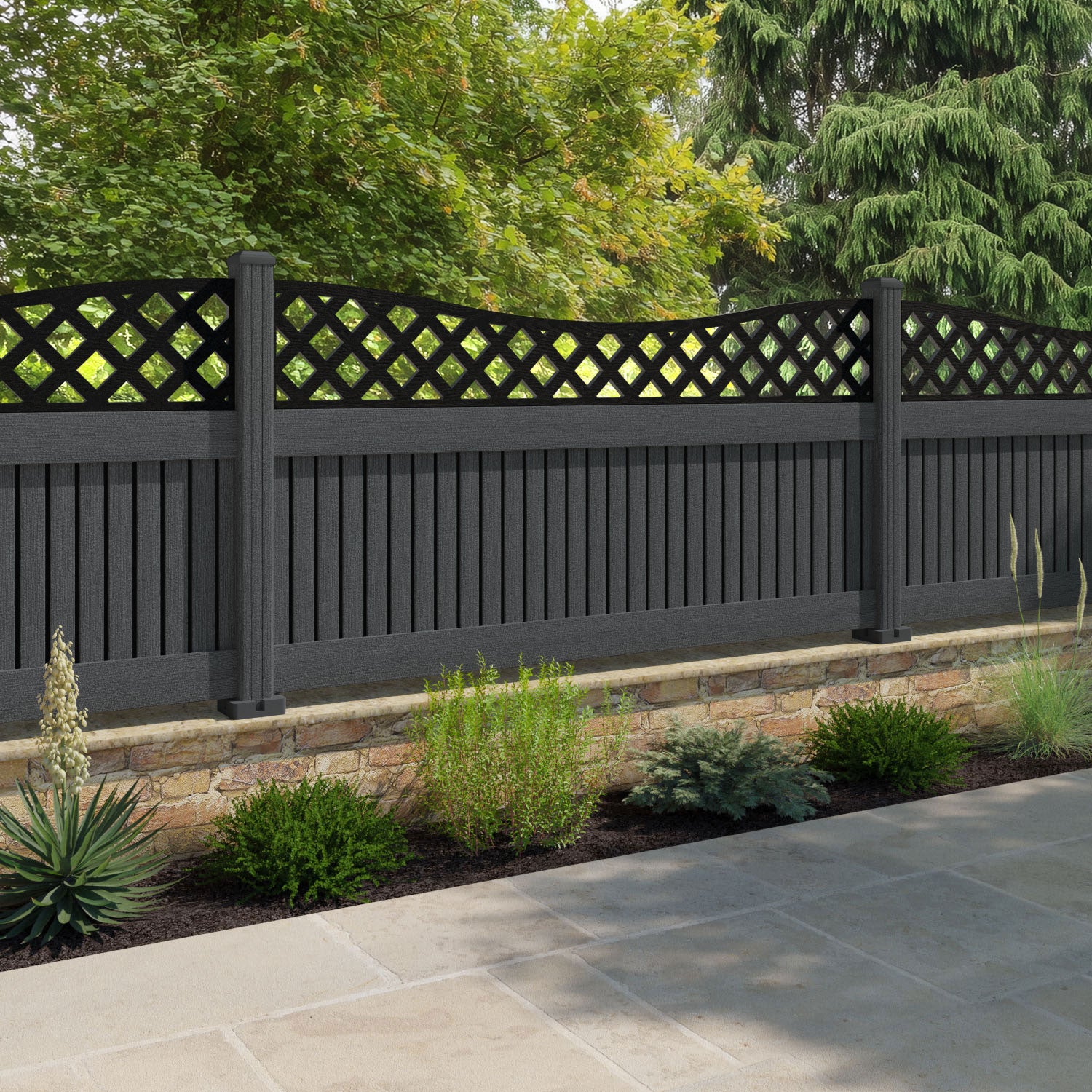 Virtis Low Wave Fence Panel - Dark Grey - with our composite posts