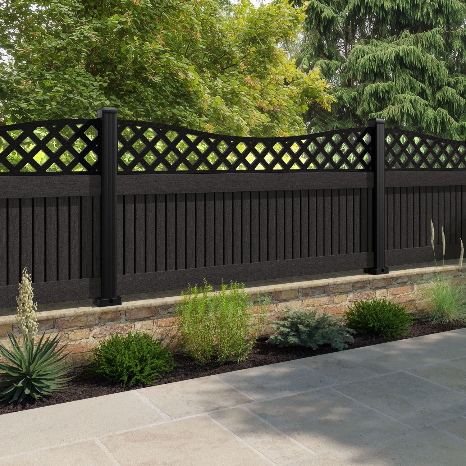 Virtis Low Wave Fence Panel - Dark Oak - with our aluminium posts