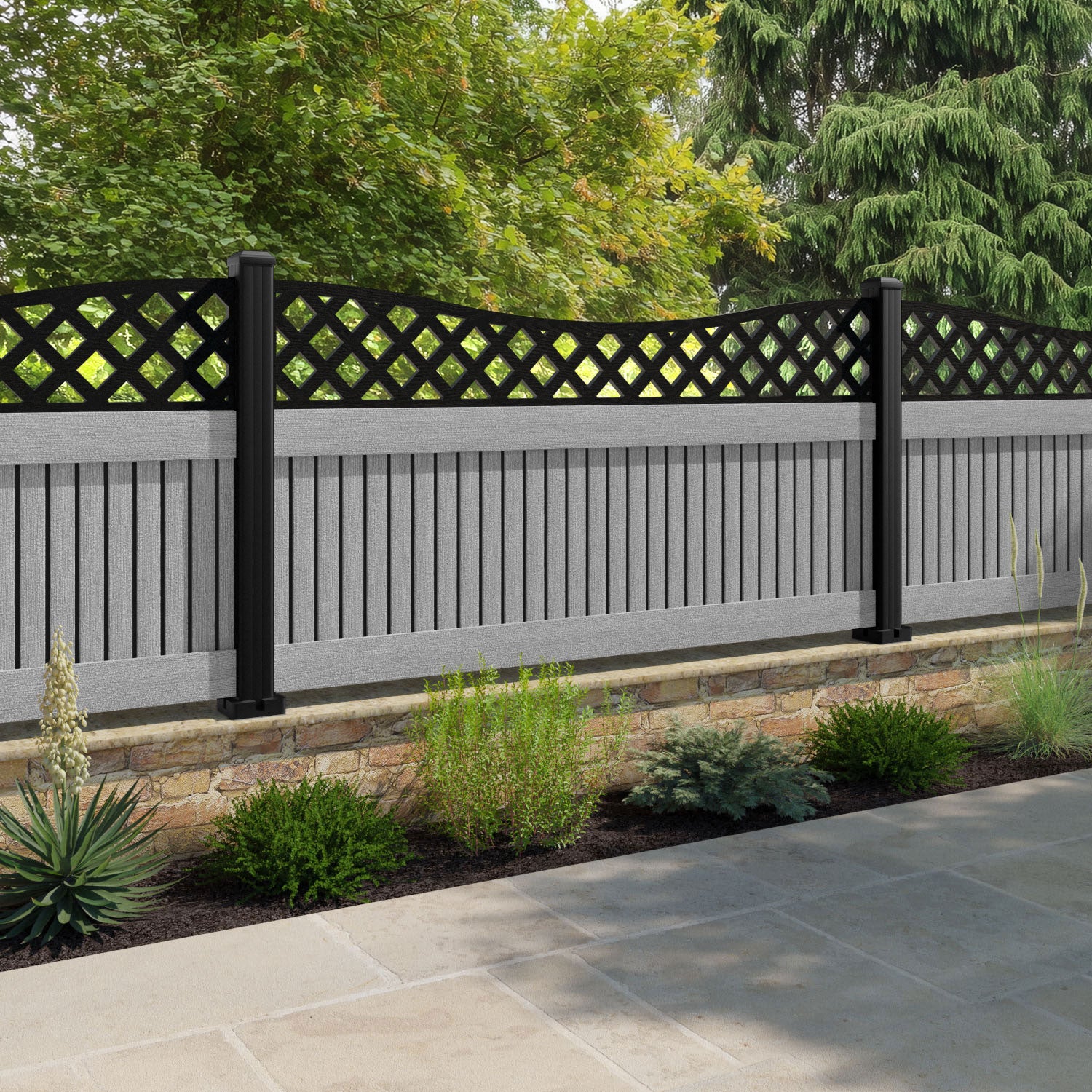 Virtis Low Wave Fence Panel - Light Grey - with our composite posts