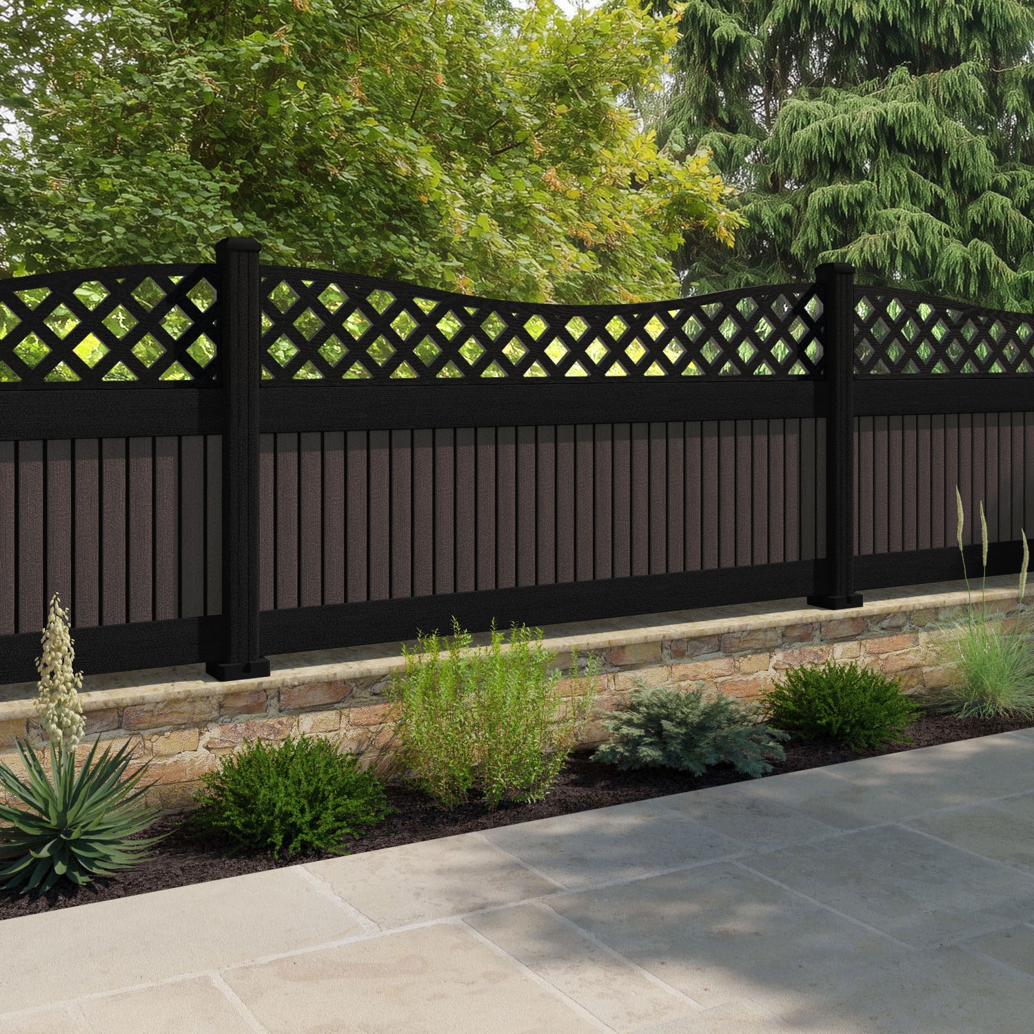 Virtis Low Wave Fence Panel - Mid Brown - with our composite posts