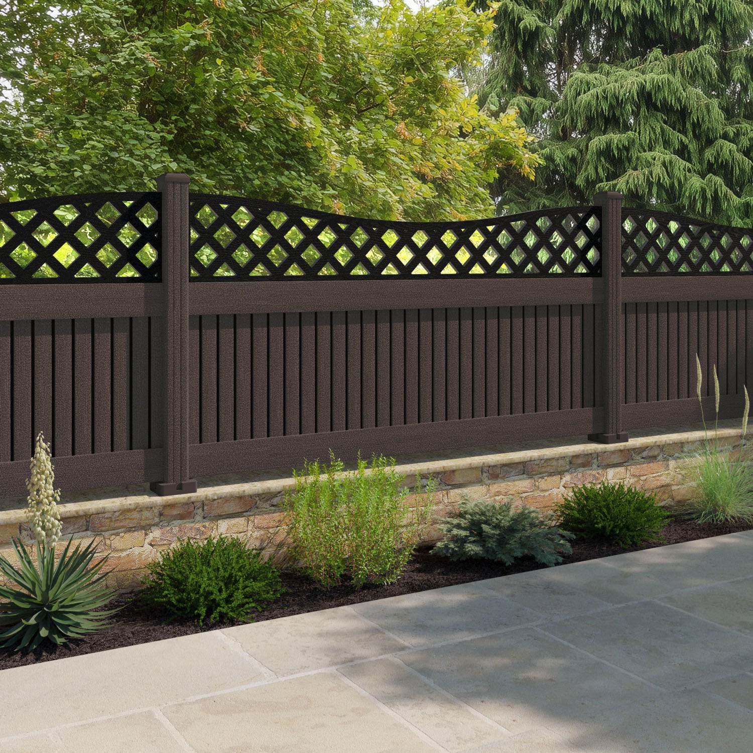 Virtis Low Wave Fence Panel - Mid Brown - with our composite posts