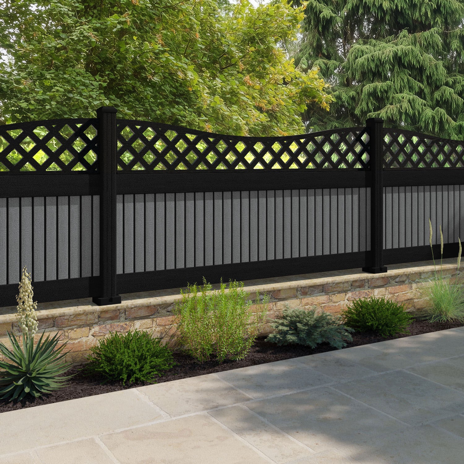 Virtis Low Wave Fence Panel - Mid Grey - with our composite posts