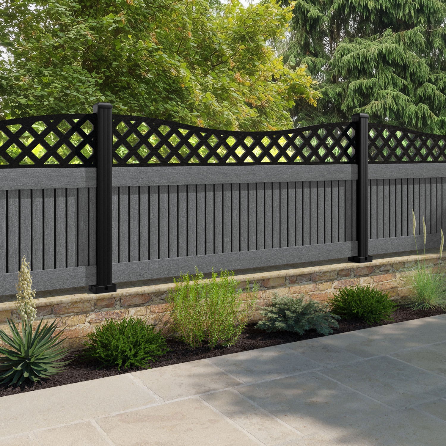 Virtis Low Wave Fence Panel - Mid Grey - with our aluminium posts