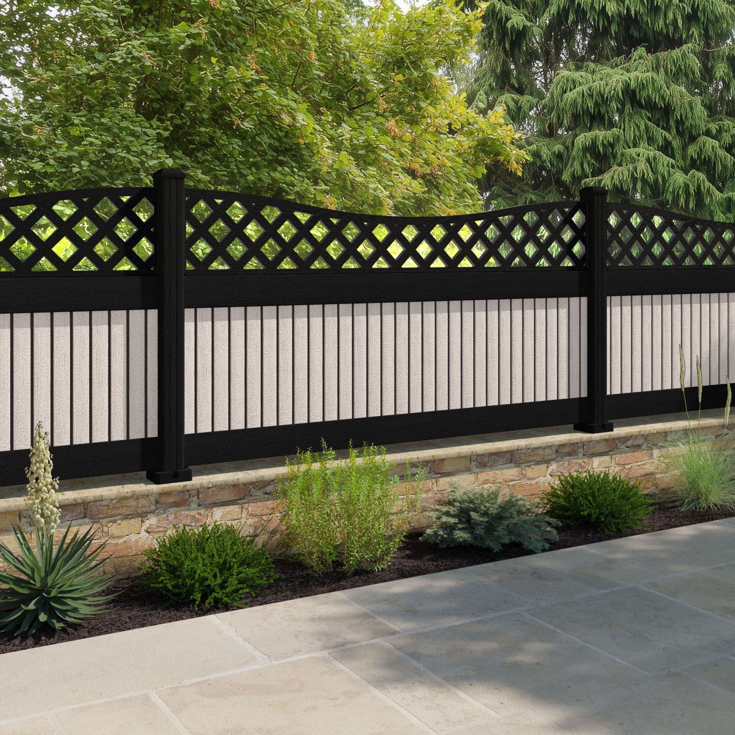 Virtis Low Wave Fence Panel - Mid Stone - with our composite posts