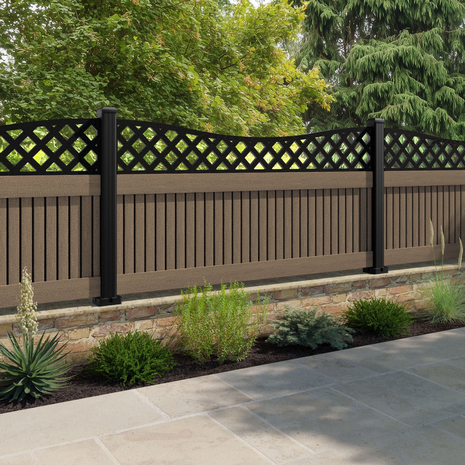 Virtis Low Wave Fence Panel - Teak - with our aluminium posts