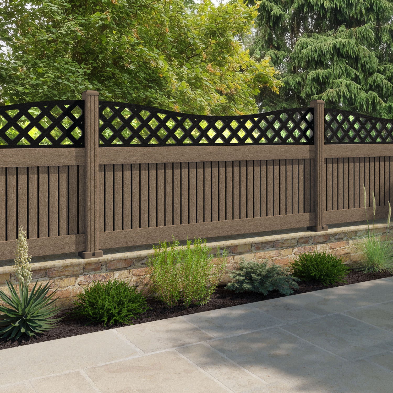 Virtis Low Wave Fence Panel - Teak - with our composite posts