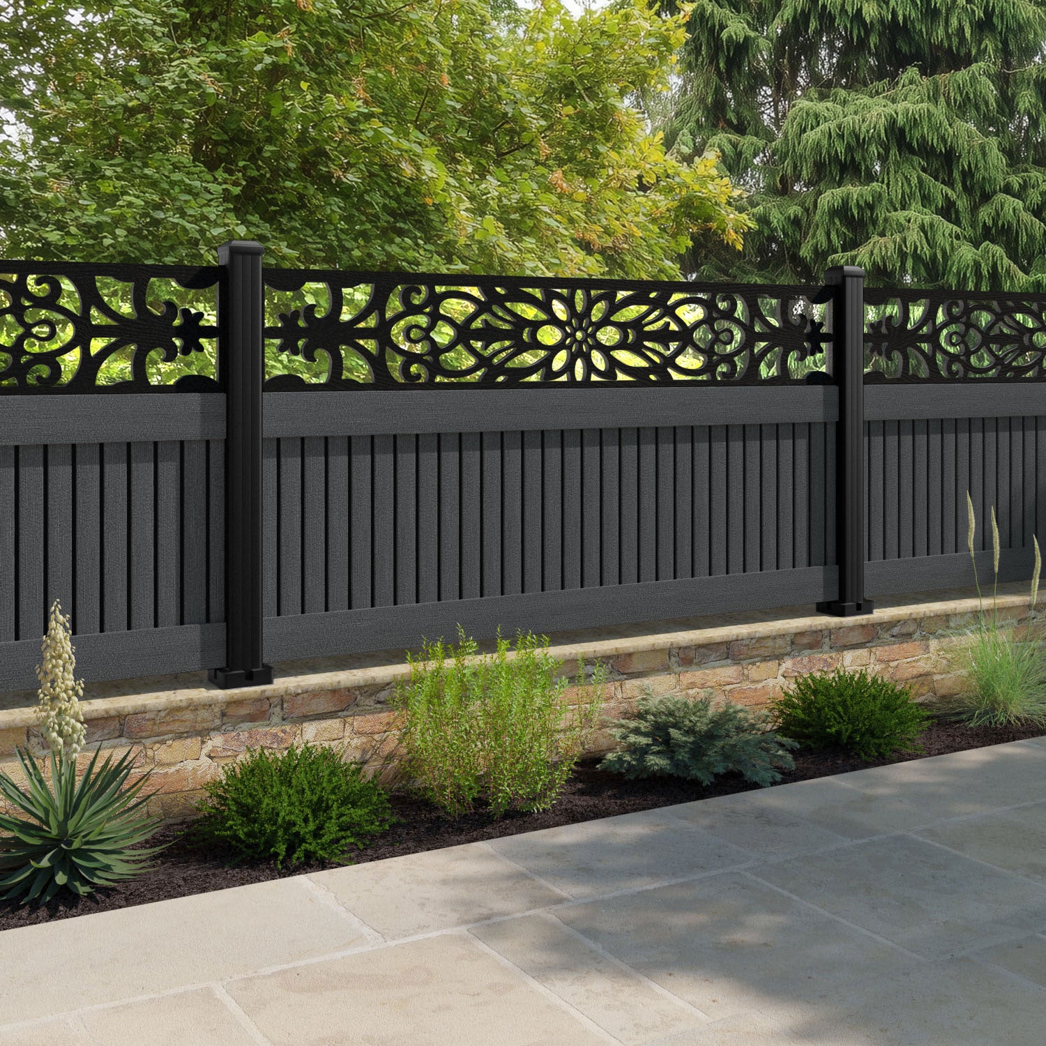 Virtis Windsor Fence Panel - Dark Grey - with our aluminium posts
