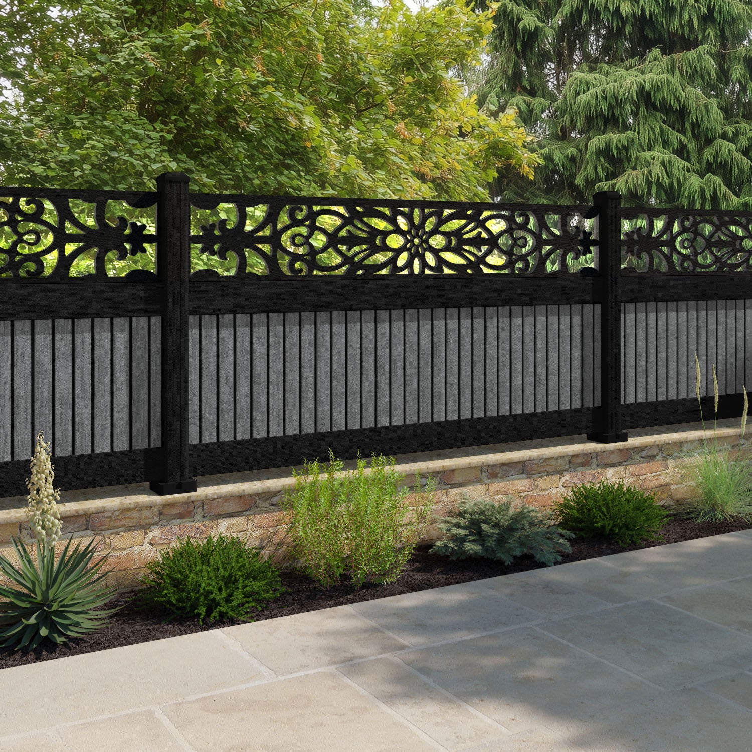 Virtis Windsor Fence Panel - Mid Grey - with our aluminium posts