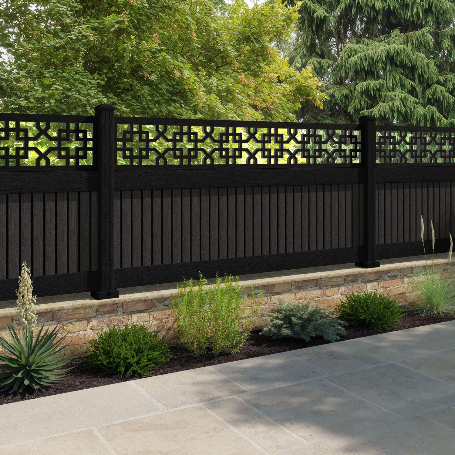 Virtis Zaria Fence Panel - Dark Oak - with our aluminium posts