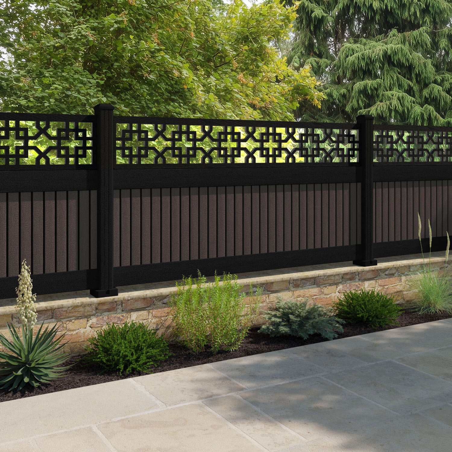 Virtis Zaria Fence Panel - Mid Brown - with our aluminium posts