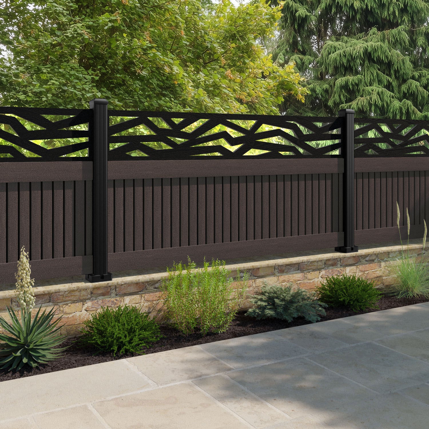 Virtis Zenith Fence Panel - Mid Brown - with our aluminium posts