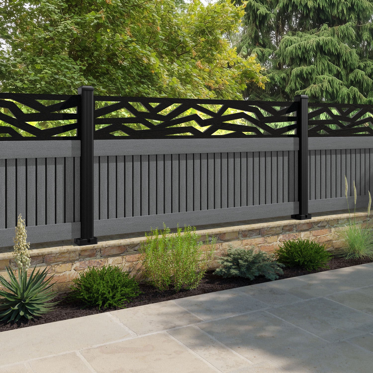 Virtis Zenith Fence Panel - Mid Grey - with our aluminium posts