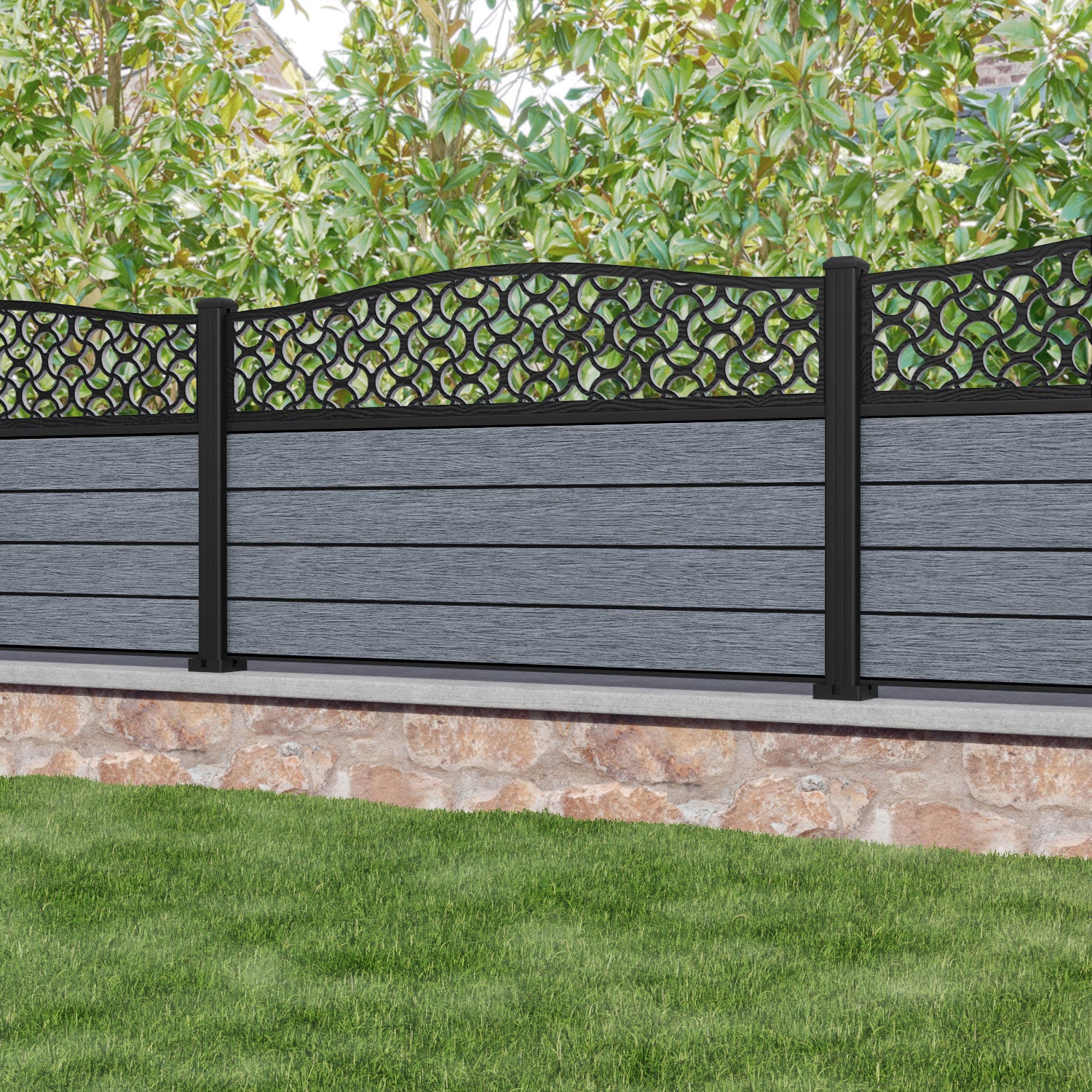 Fusion Vida Curved Top Fence Panel - Anthracite - with our aluminium posts
