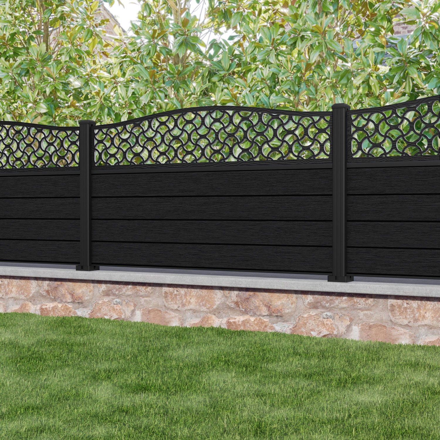 Fusion Vida Curved Top Fence Panel - Black - with our aluminium posts