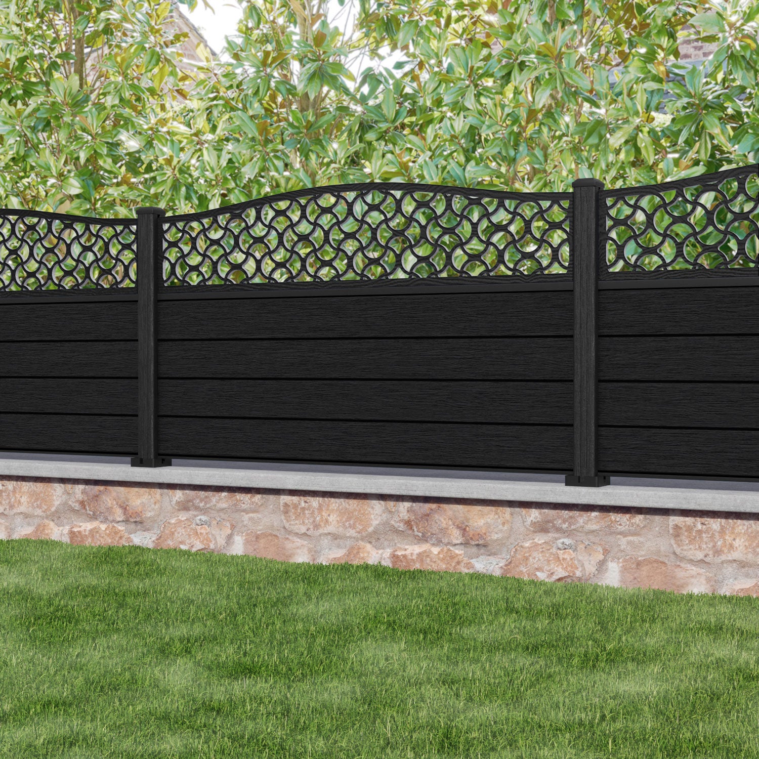 Fusion Vida Curved Top Fence Panel - Black - with our composite posts