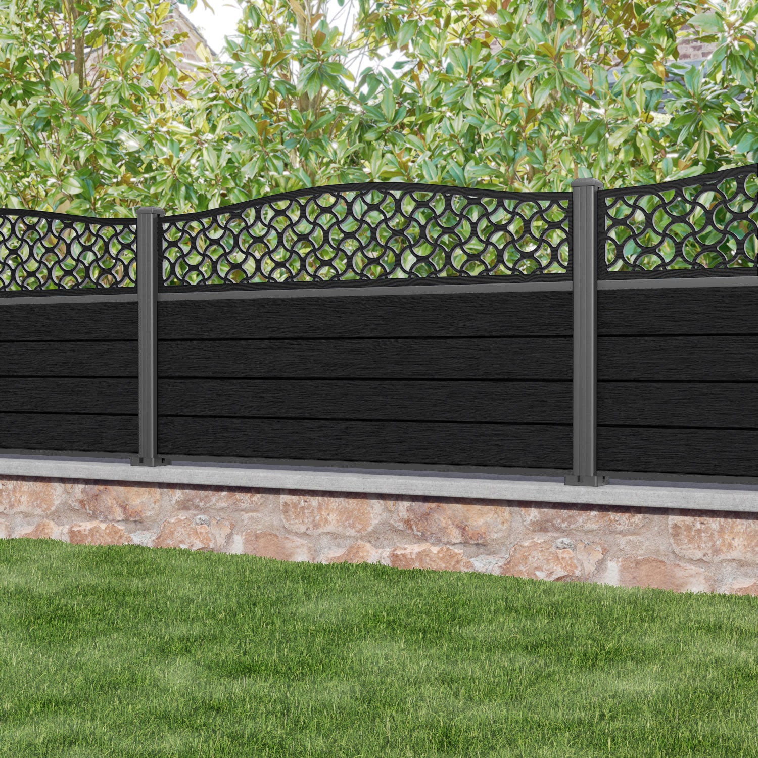 Fusion Vida Curved Top Fence Panel - Black - with our aluminium posts