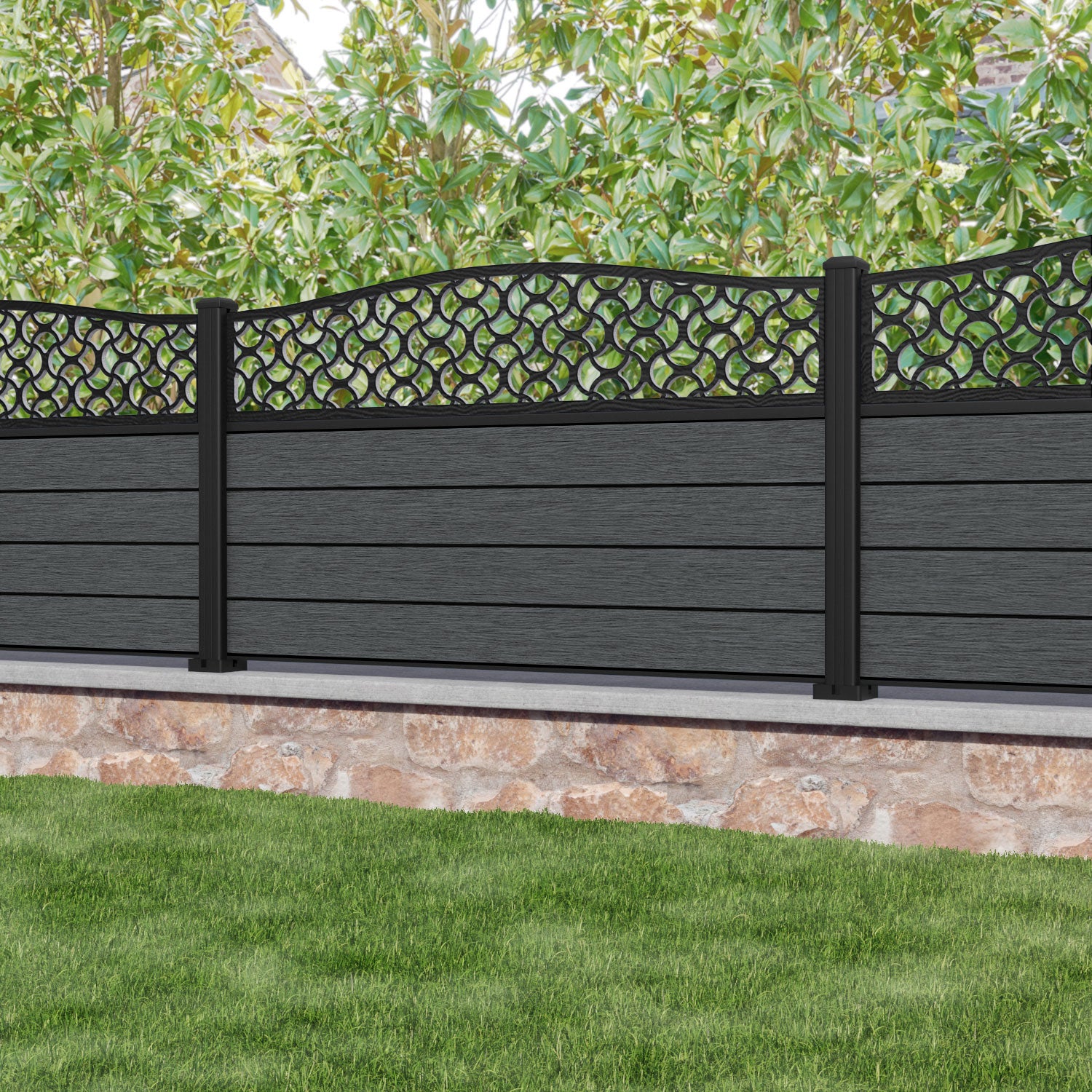 Fusion Vida Curved Top Fence Panel - Dark Grey - with our aluminium posts