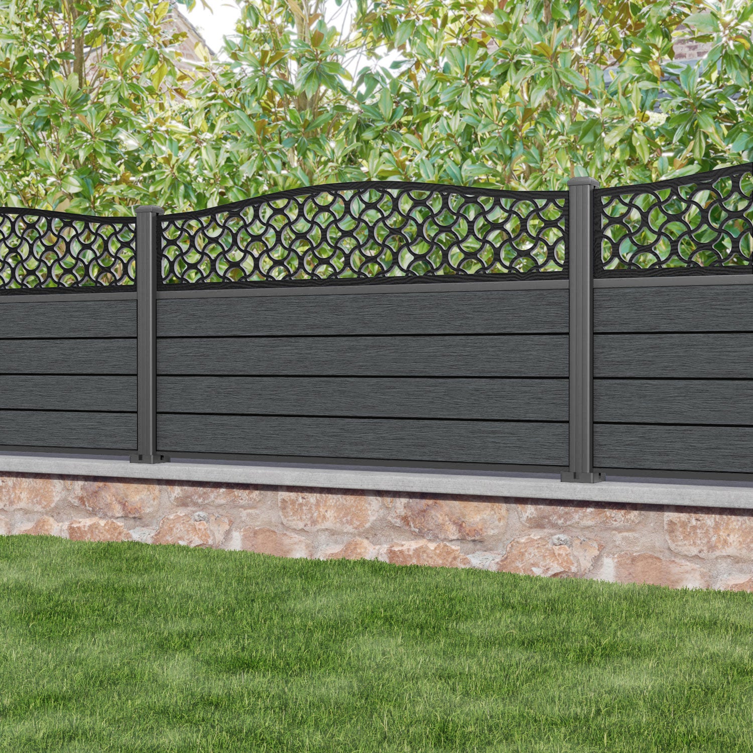 Fusion Vida Curved Top Fence Panel - Dark Grey - with our aluminium posts