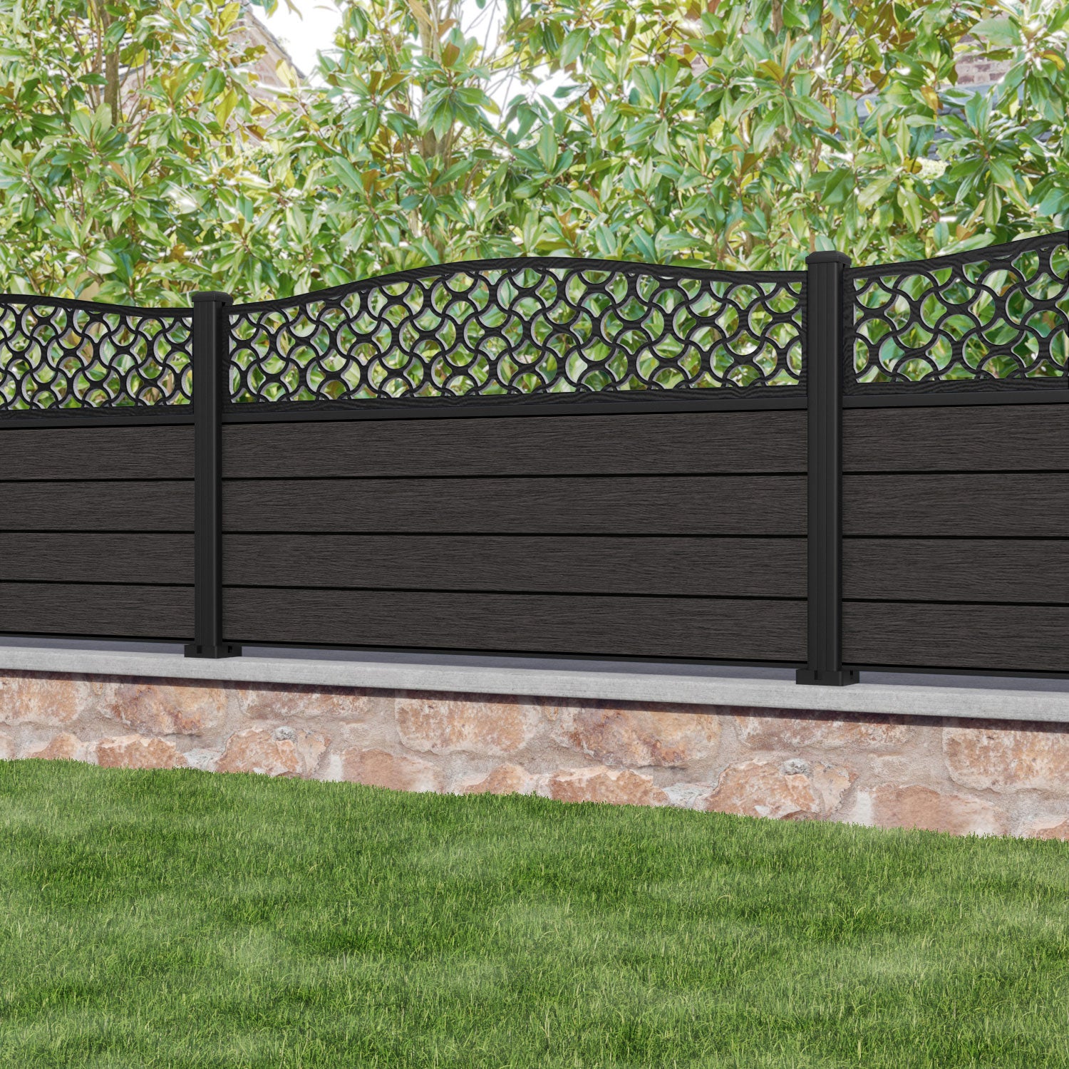 Fusion Vida Curved Top Fence Panel - Dark Oak - with our aluminium posts