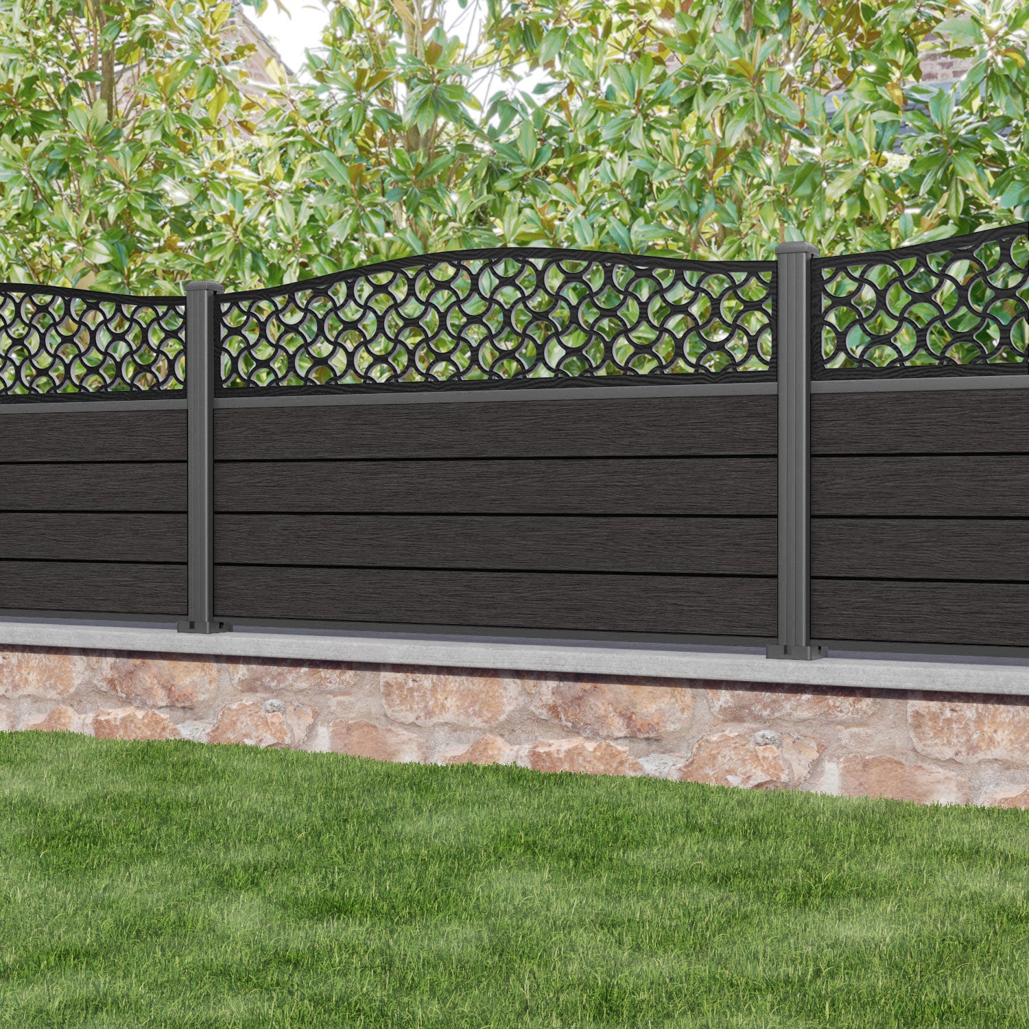 Fusion Vida Curved Top Fence Panel - Dark Oak - with our aluminium posts