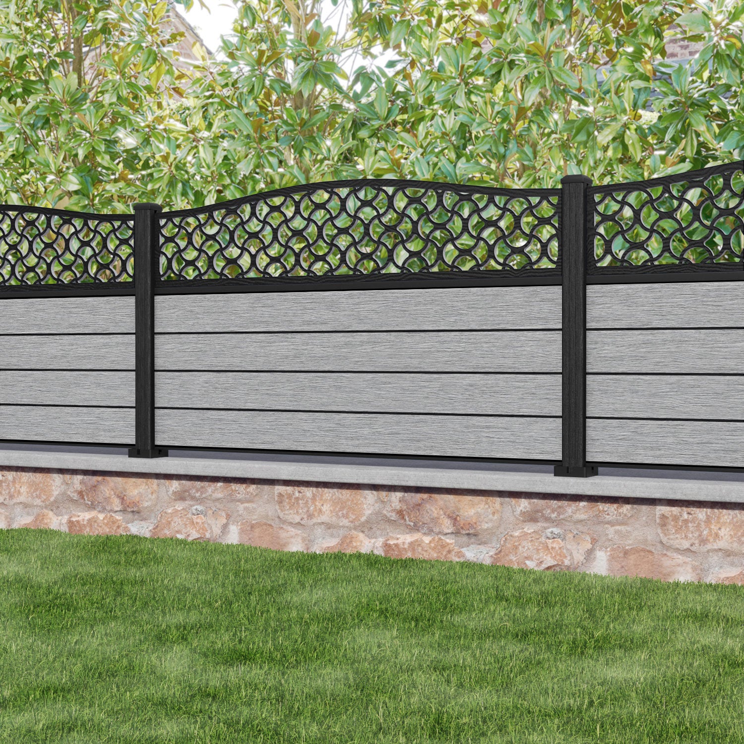 Fusion Vida Curved Top Fence Panel - Light Grey - with our composite posts