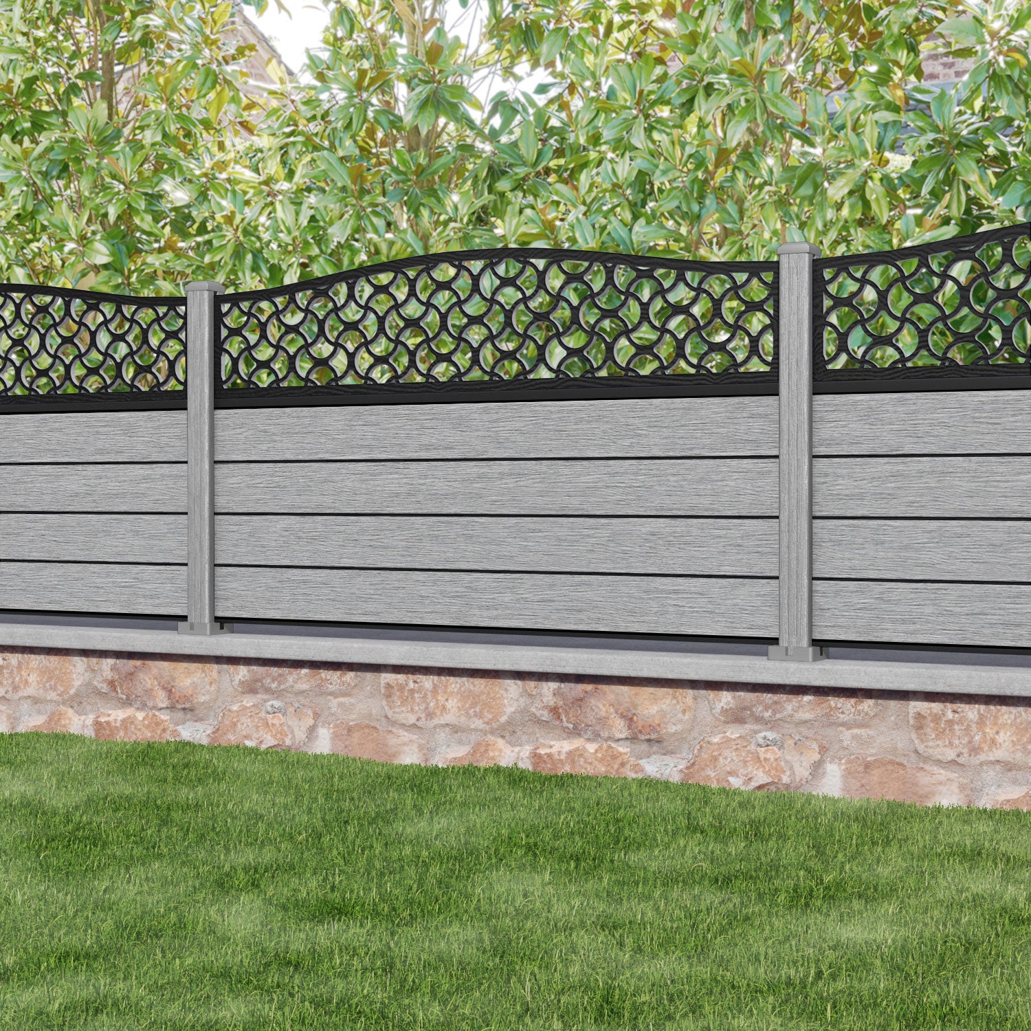 Fusion Vida Curved Top Fence Panel - Light Grey - with our composite posts