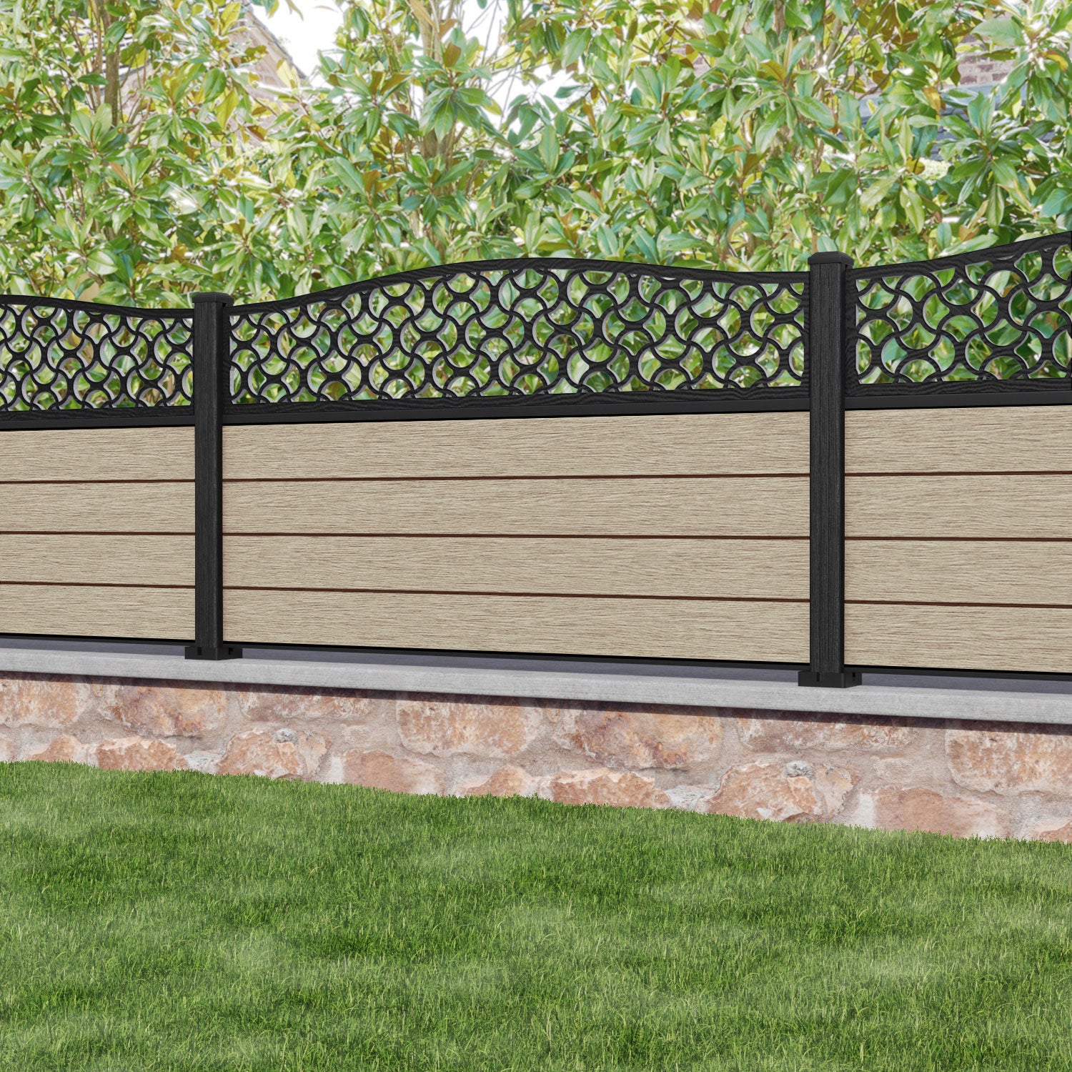 Fusion Vida Curved Top Fence Panel - Light Oak - with our composite posts