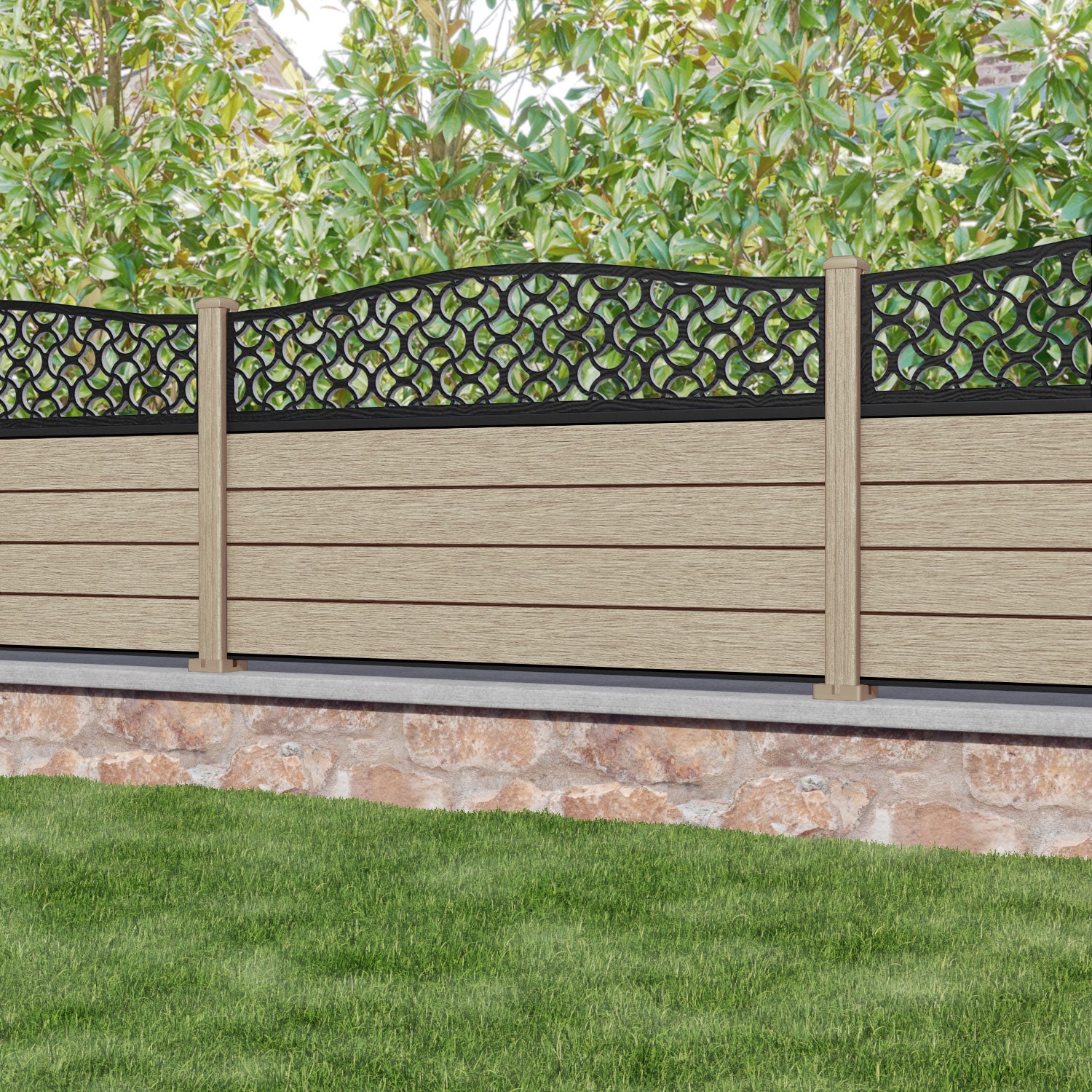 Fusion Vida Curved Top Fence Panel - Light Oak - with our composite posts