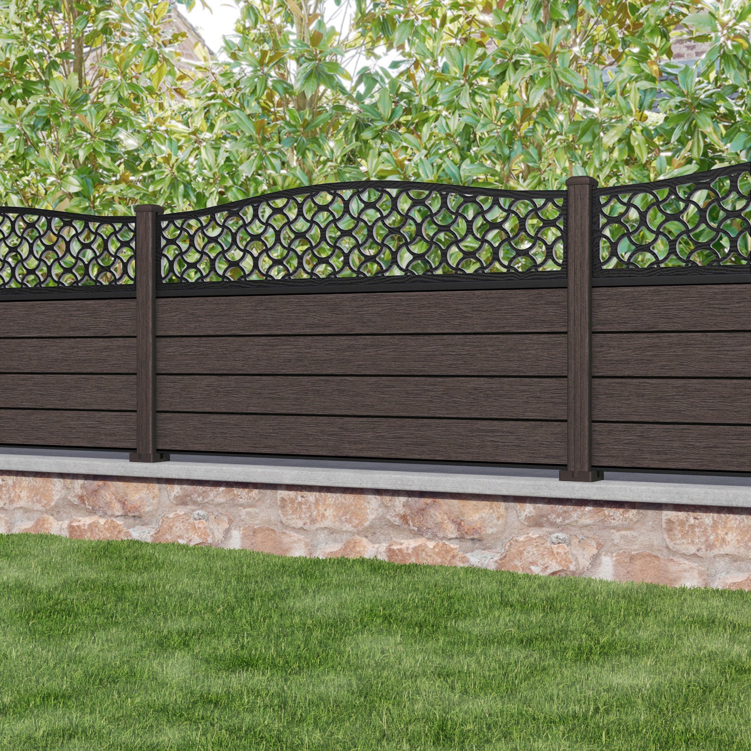 Fusion Vida Curved Top Fence Panel - Mid Brown - with our composite posts
