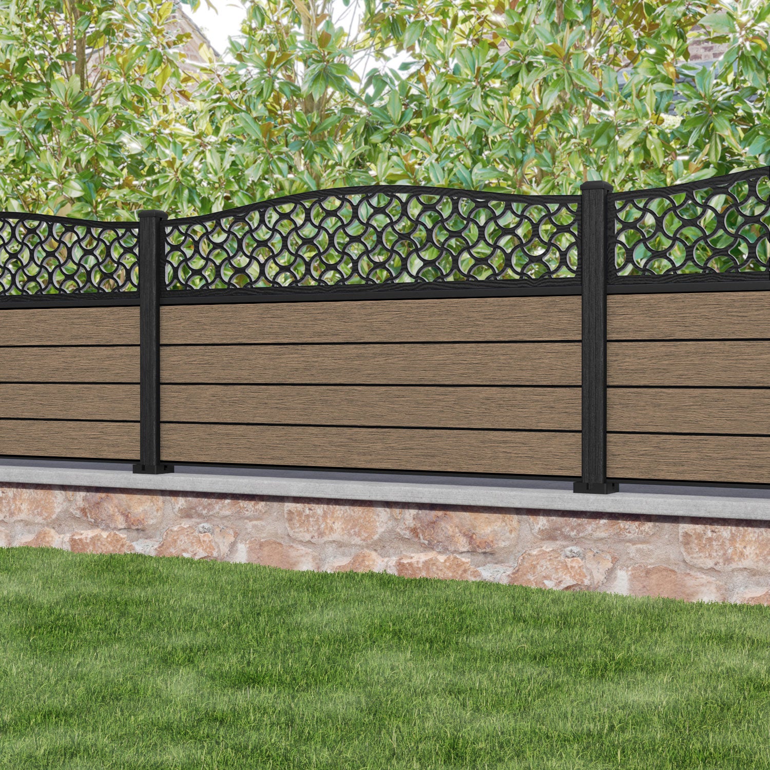 Fusion Vida Curved Top Fence Panel - Teak - with our composite posts