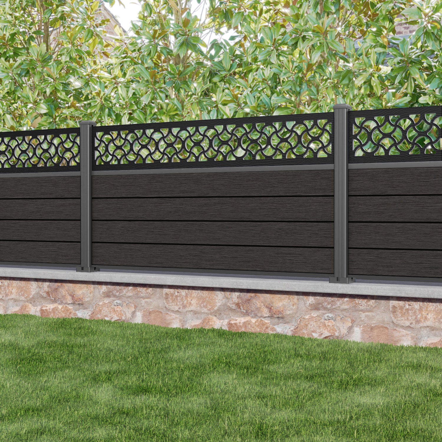 Fusion Vida Fence Panel - Dark Oak - with our aluminium posts