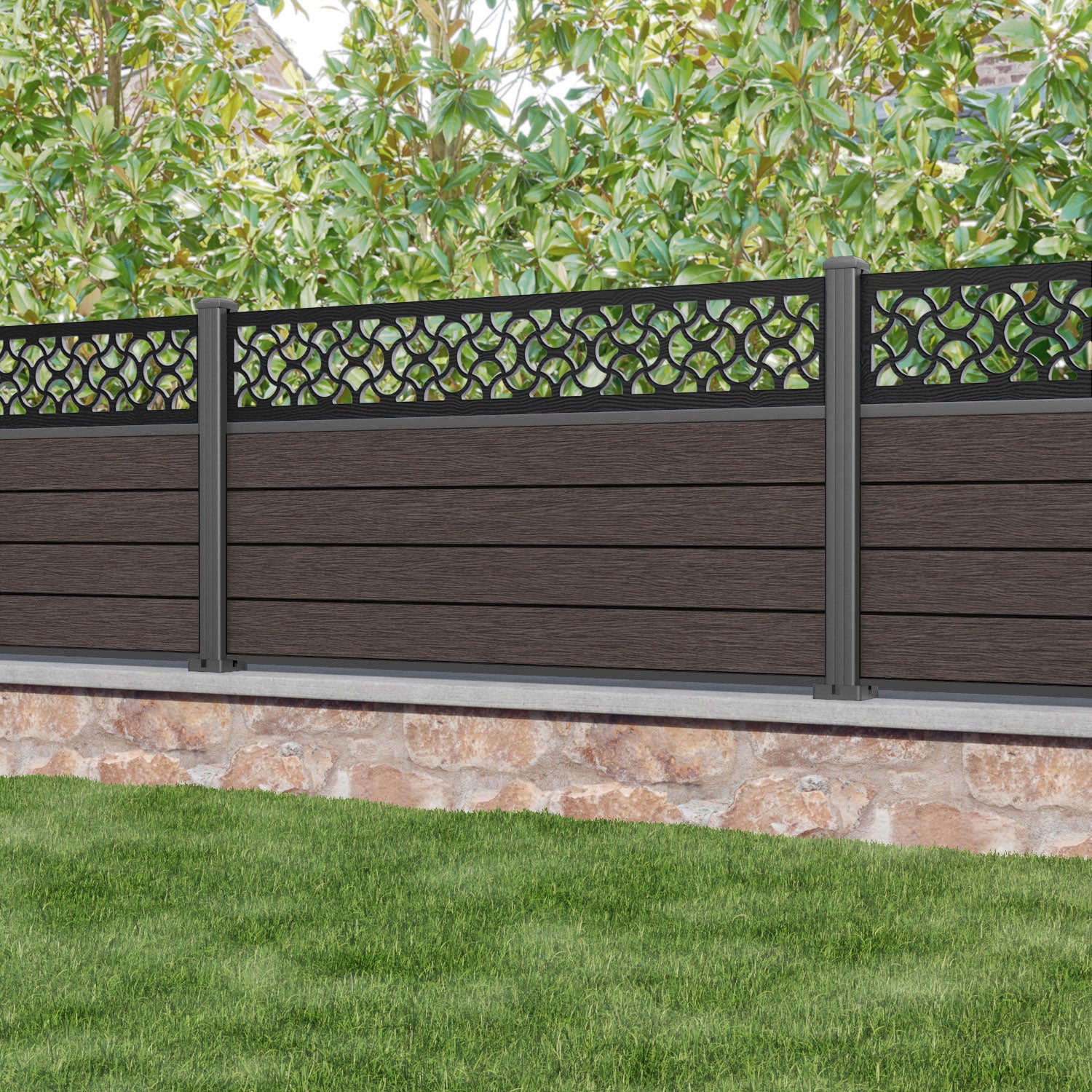 Fusion Vida Fence Panel - Mid Brown - with our aluminium posts