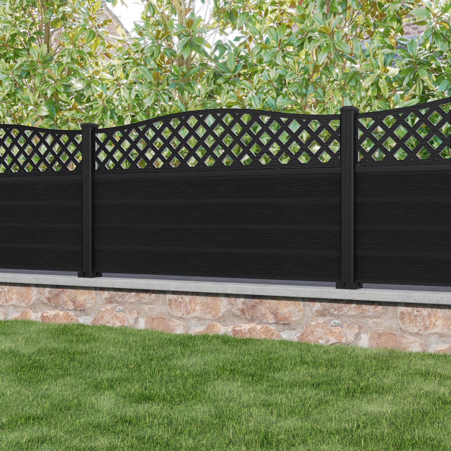 Classic High Wave Fence Panel - Black - with our aluminium posts