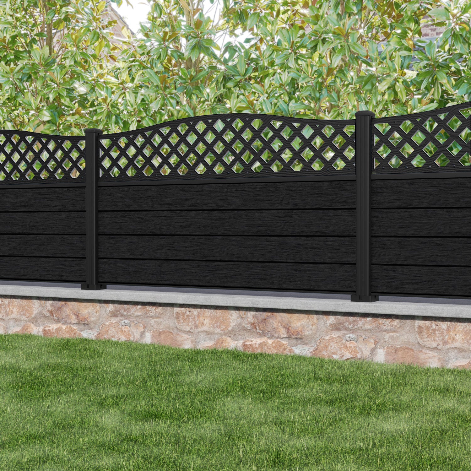 Fusion High Wave Fence Panel - Black - with our aluminium posts
