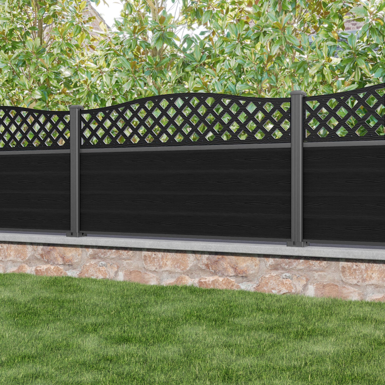 Classic High Wave Fence Panel - Black - with our aluminium posts