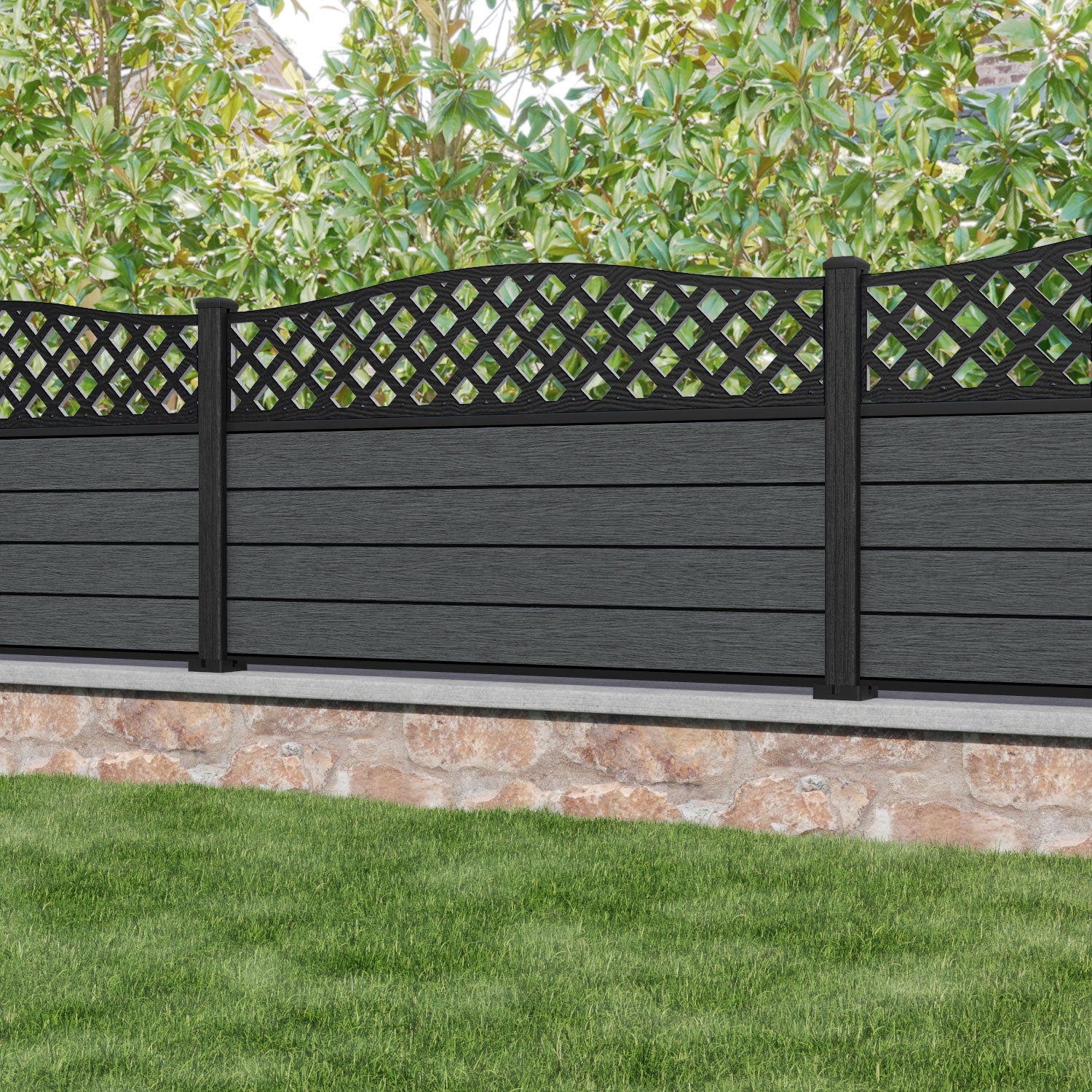 Fusion High Wave Fence Panel - Dark Grey - with our composite posts