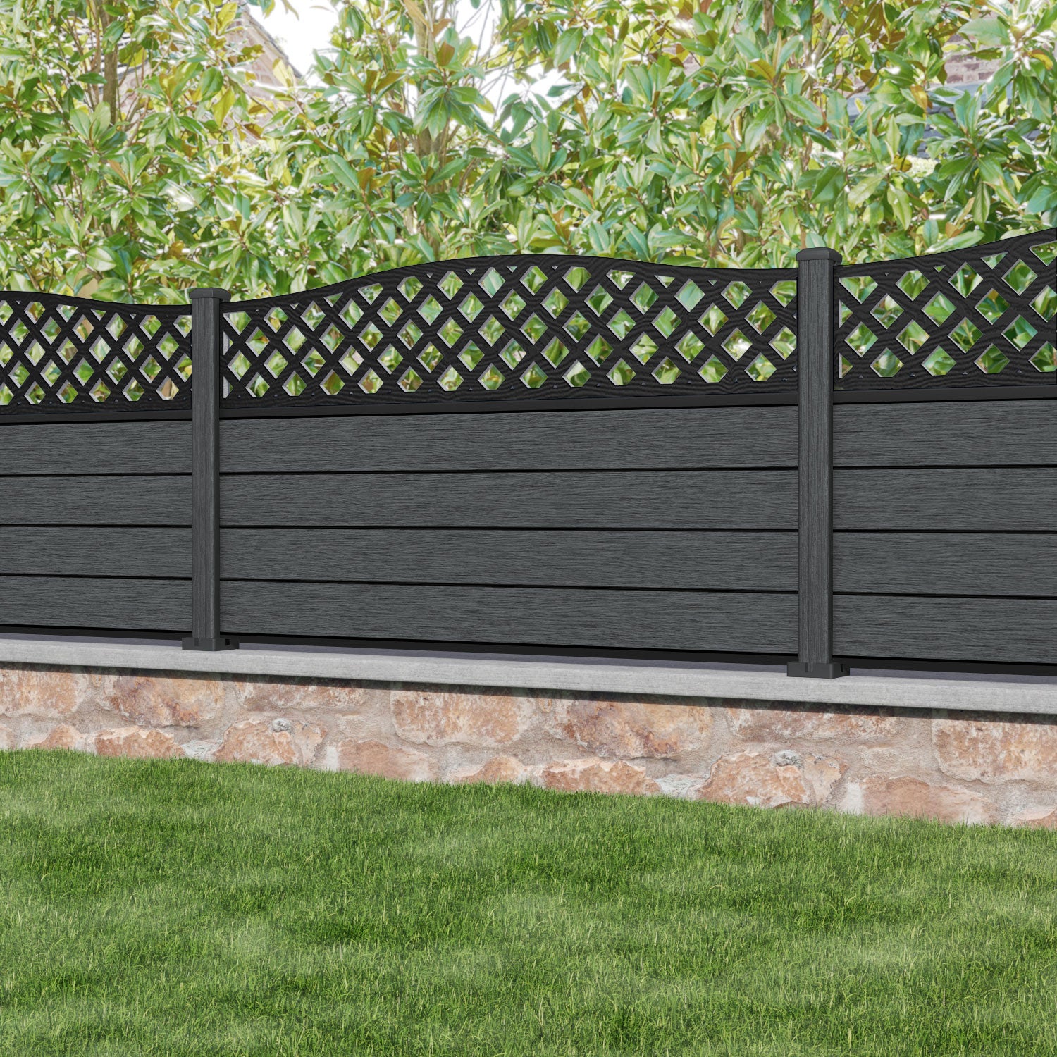 Fusion High Wave Fence Panel - Dark Grey - with our composite posts