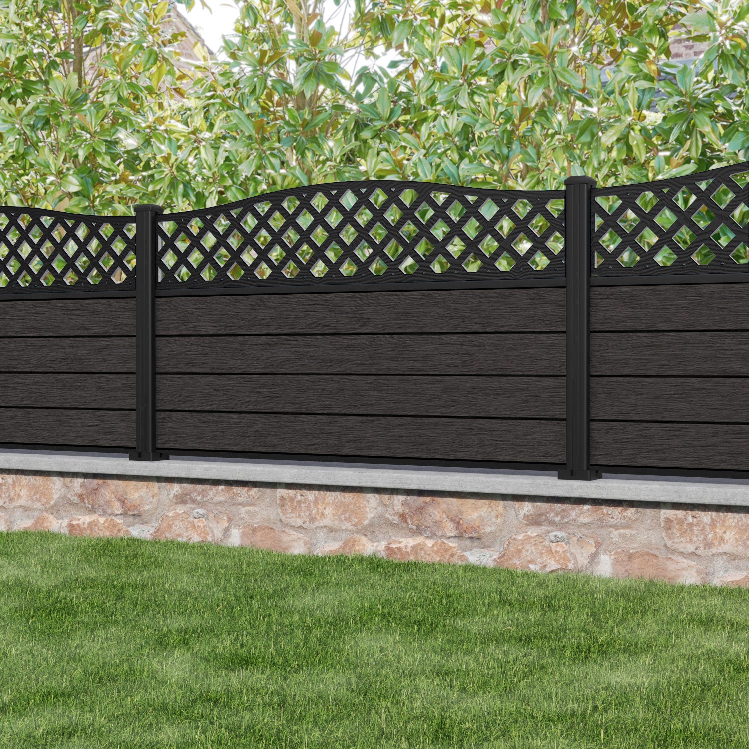 Fusion High Wave Fence Panel - Dark Oak - with our aluminium posts