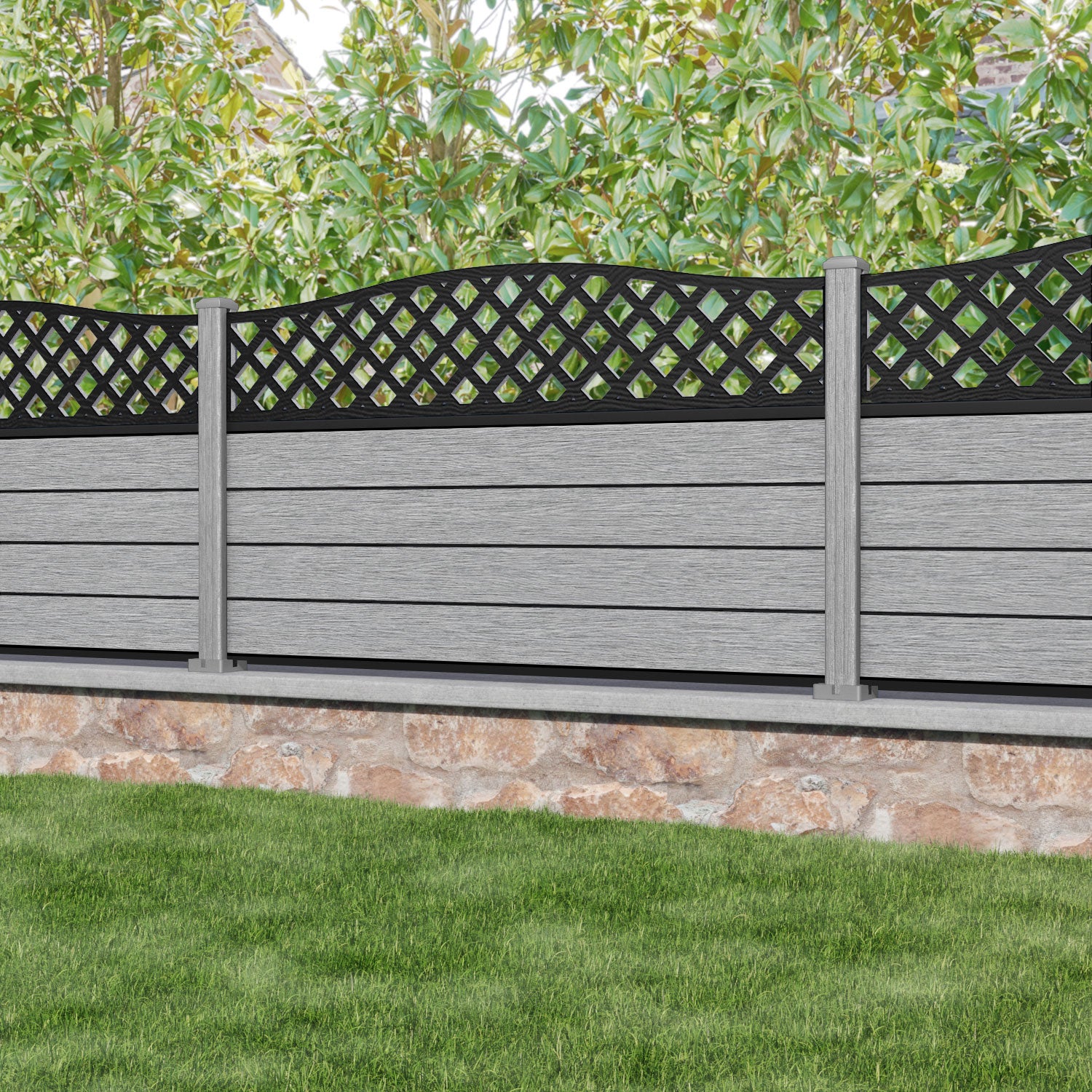 Fusion High Wave Fence Panel - Light Grey - with our composite posts