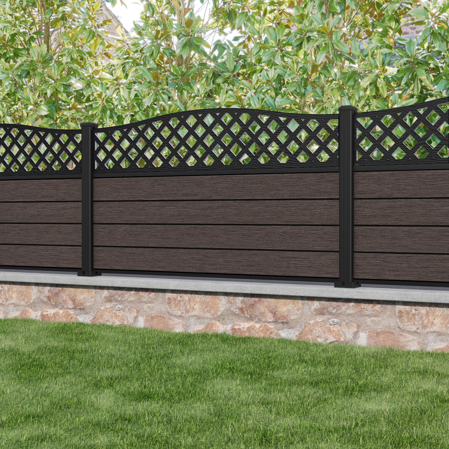 Fusion High Wave Fence Panel - Mid Brown - with our aluminium posts